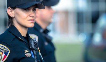 police woman using digital two-way radio